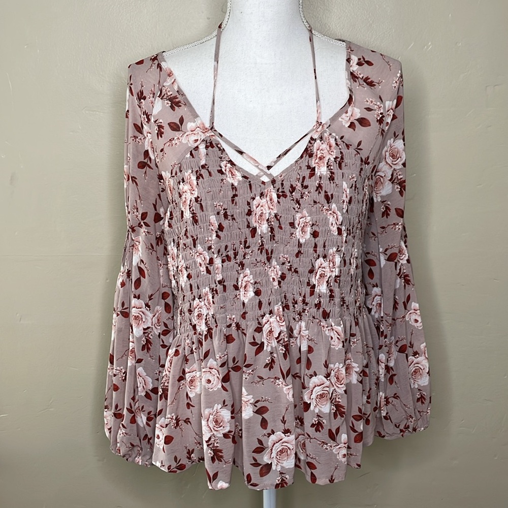 AMERICAN EAGLE Blouse Mauve Floral Smocking Boho V-Neck Poets Sleeves Small